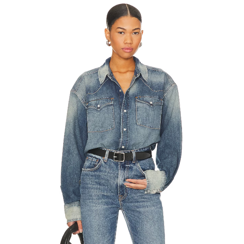 RE/DONE Sz Small Oversize Western Distressed Indigo Denim Pearl Snap Shirt I6-2